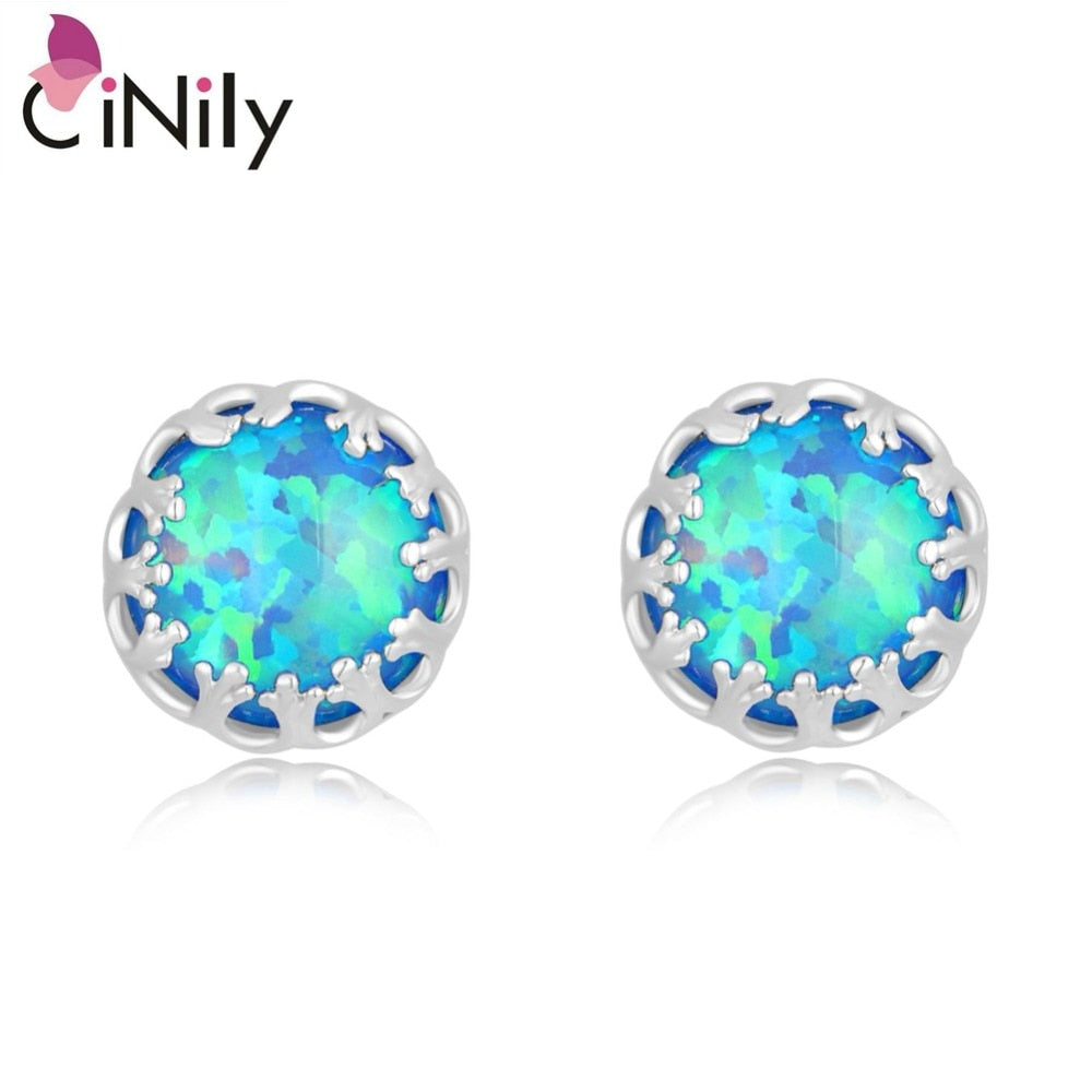 CiNily Created Blue Fire Opal Silver Plated Wholesale Hot Sell Wedding for Women Jewelry Gift Stud Earrings 8mm OH2485