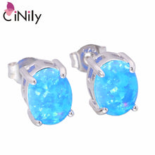 Load image into Gallery viewer, CiNily Created Blue White Fire Opal 8x6mm Authentic .925 Sterling Silver Wholesale for Women Jewelry Stud Earrings SE013-14