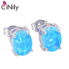 Load image into Gallery viewer, CiNily Created Blue White Fire Opal 8x6mm Authentic .925 Sterling Silver Wholesale for Women Jewelry Stud Earrings SE013-14
