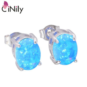 CiNily Created Blue White Fire Opal 8x6mm Authentic .925 Sterling Silver Wholesale for Women Jewelry Stud Earrings SE013-14
