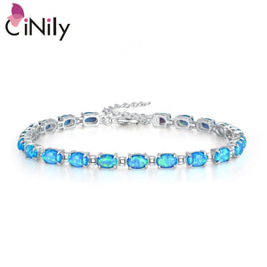 CiNily Created White Blue Pink Fire Opal Silver Plated Wholesale Hot Sell Jewelry for Women Chain Bracelet 8 1/4" OD32 OS556-57