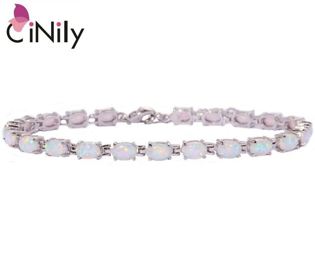 CiNily Created White Blue Pink Fire Opal Silver Plated Wholesale Hot Sell Jewelry for Women Chain Bracelet 8 1/4