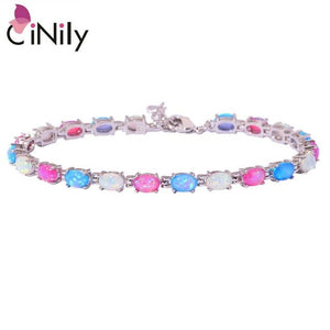 CiNily Created White Blue Pink Fire Opal Silver Plated Wholesale Hot Sell Jewelry for Women Chain Bracelet 8 1/4" OD32 OS556-57