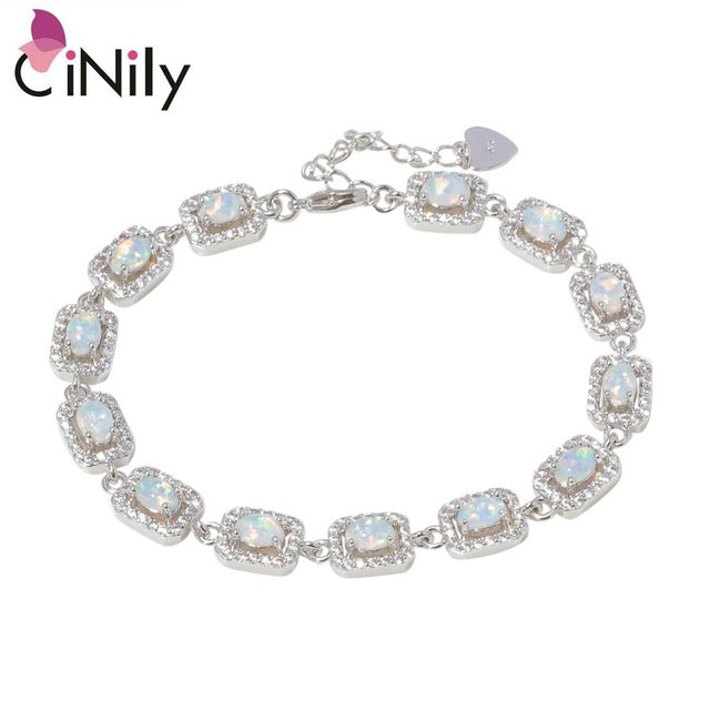 CiNily Created White Fire Opal Cubic Zirconia Silver Plated Wholesale for Women Jewelry Engagement Bracelet 7 1/4