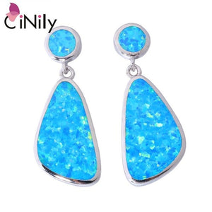 CiNily Created Blue Fire Opal Silver Plated Wholesale Fashion Jewelry for Women Christmas Gift Drop Earrings 1 1/8" OH4412