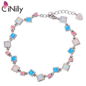 CiNily Created White Blue Pink Fire Opal Silver Plated Wholesale for Women Jewelry New Year Gift Chain Bracelet 8 3/4" OS657