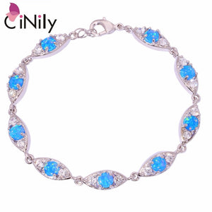 CiNily Created Blue Fire Opal Cubic Zirconia Silver Plated Wholesale for Women Jewelry Engagement Chain Bracelet 7 7/8" OS366