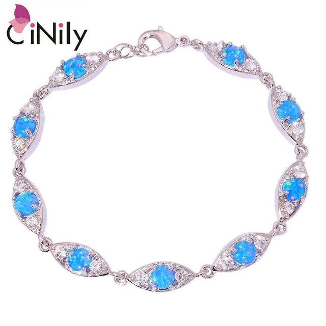 CiNily Created Blue Fire Opal Cubic Zirconia Silver Plated Wholesale for Women Jewelry Engagement Chain Bracelet 7 7/8