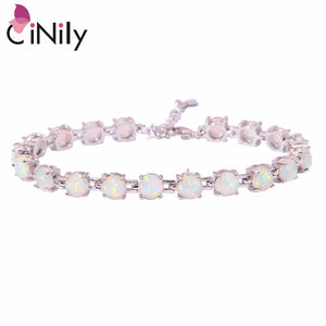 CiNily Created White Blue Pink Fire Opal Silver Plated Wholesale Round-Shape for Women Jewelry Chain Bracelet 7"-8 1/2" OS383-86