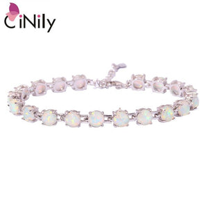 CiNily Created White Blue Pink Fire Opal Silver Plated Wholesale Round-Shape for Women Jewelry Chain Bracelet 7"-8 1/2" OS383-86
