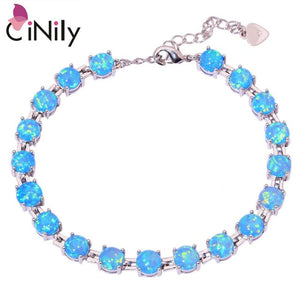 CiNily Created White Blue Pink Fire Opal Silver Plated Wholesale Round-Shape for Women Jewelry Chain Bracelet 7"-8 1/2" OS383-86