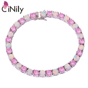 CiNily Created White Blue Pink Fire Opal Pink Stone Silver Plated Wholesale for Women Jewelry Chain Bracelet 7 5/8" OS374-77