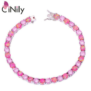 CiNily Created White Blue Pink Fire Opal Pink Stone Silver Plated Wholesale for Women Jewelry Chain Bracelet 7 5/8" OS374-77