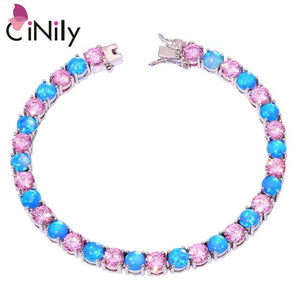 CiNily Created White Blue Pink Fire Opal Pink Stone Silver Plated Wholesale for Women Jewelry Chain Bracelet 7 5/8" OS374-77
