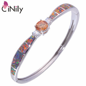 CiNily Created Orange Fire Opal Morganite White Zircon Silver Plated Wholesale for Women Jewelry Bangle Bracelet 7 5/8" OS633