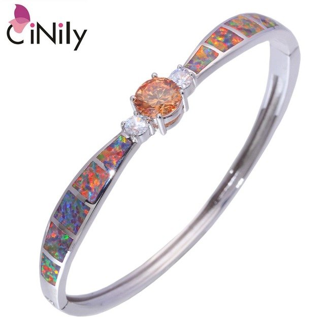 CiNily Created Orange Fire Opal Morganite White Zircon Silver Plated Wholesale for Women Jewelry Bangle Bracelet 7 5/8