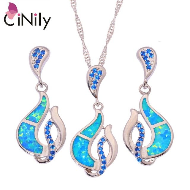 CiNily Created Blue Fire Opal Blue Zircon Silver Plated Wholesale NEW for Women Jewelry Pendant Stud Earrings Jewelry Set OT120