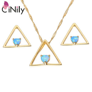 CiNily Created Blue Fire Opal Yellow Gold Color Wholesale Christmas for Women Pendant Necklace Stud Earrings Jewelry Set OT154