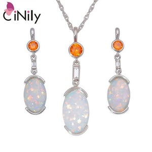 CiNily Created White Blue Fire Opal Garnet Silver Plated Wholesale for Women Pendant Necklace Stud Earring Jewelry Set OT167-68