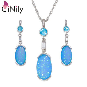 CiNily Created White Blue Fire Opal Garnet Silver Plated Wholesale for Women Pendant Necklace Stud Earring Jewelry Set OT167-68