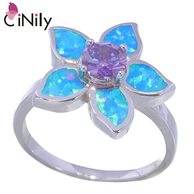 CiNily Created Blue Fire Opal Purple Stone Silver Plated Wholesale Flower for Women Jewelry Gift Ring Size 6-9 OJ9318