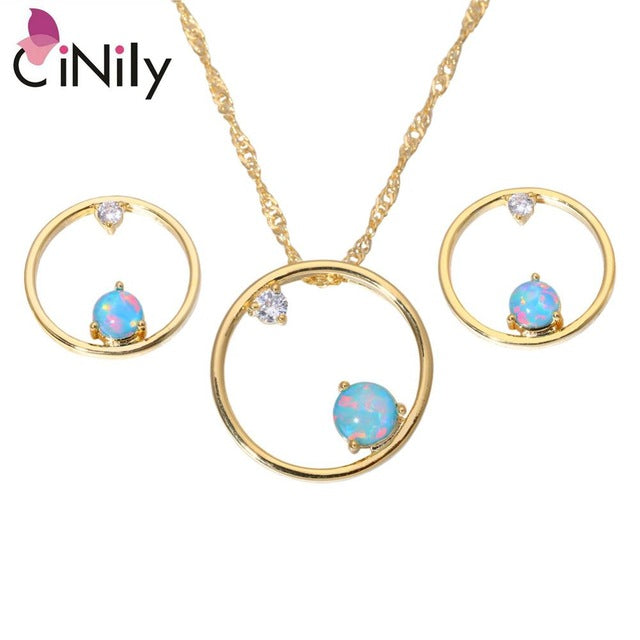 CiNily Created Rainbow Fire Opal Cubic Zirconia Yellow Gold Color Wholesale Women Pendant Necklace Earrings Jewelry Set OT153