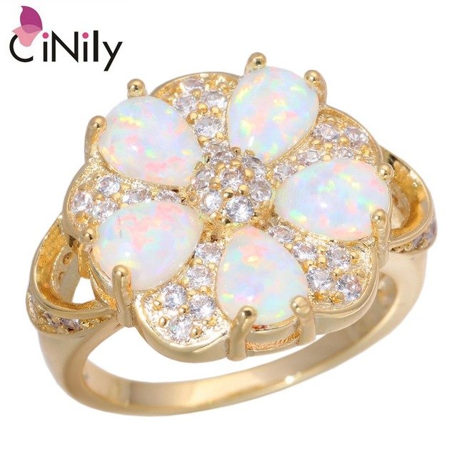 CiNily Created White Fire Opal Cubic Zircon Yellow Gold Color Wholesale for Women Jewelry Engagement Ring Size 7-9 OJ9285