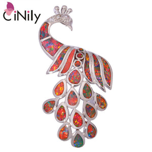CiNily Created Orange Fire Opal Cubic Zirconia Silver Plated Wholesale Peacock for Women Jewelry  Pendant 2 1/8" OD2948
