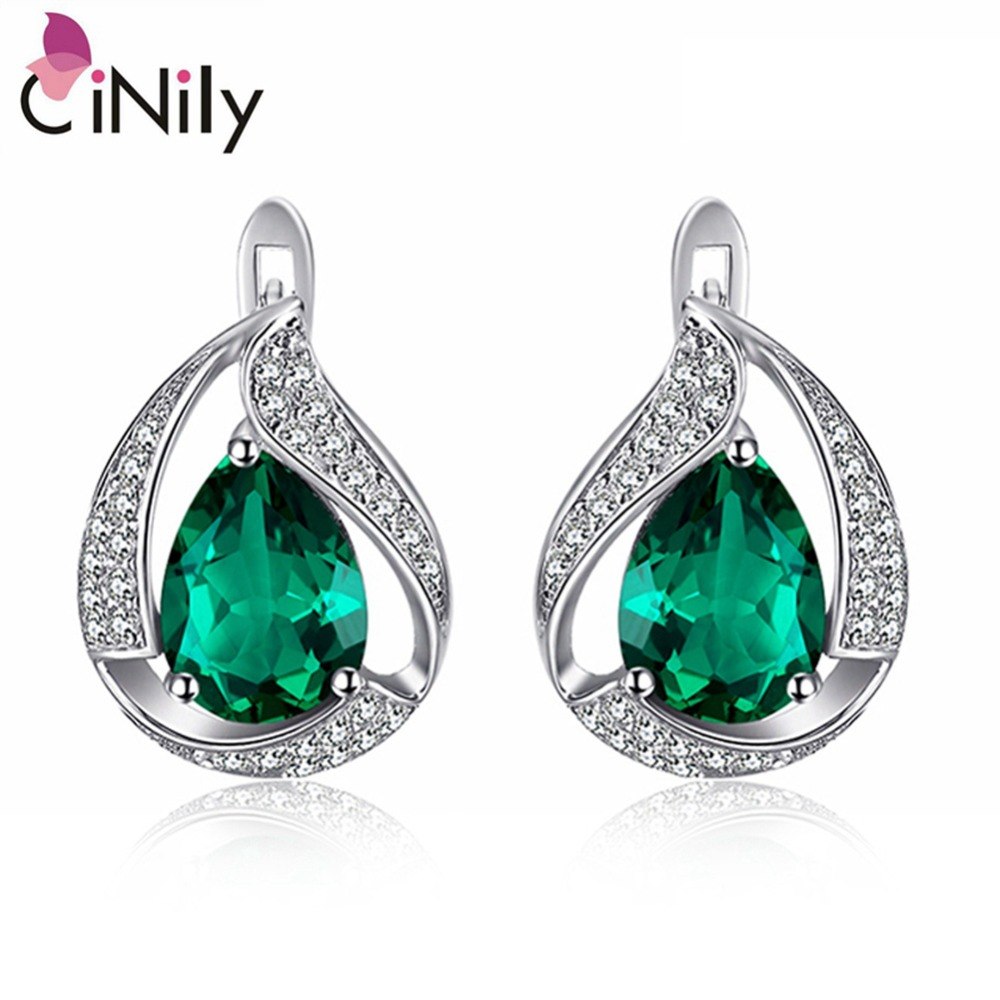 CiNily 100% Solid 925 Sterling Silver Created Green Stone Cubic Zirconia Wholesale for Women Jewelry Clip Earrings 3/4