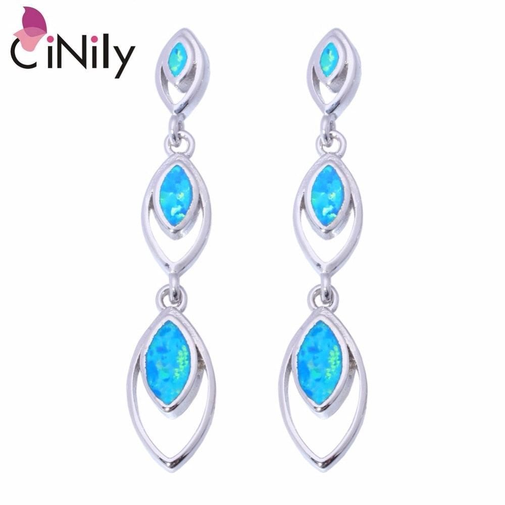 CiNily Created Blue Fire Opal Silver Plated Wholesale Hot Sell Fashion Jewelry for Women Party Stud Earrings 1 7/8