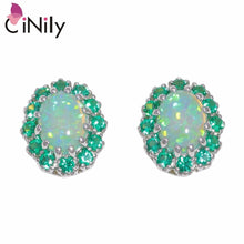 Load image into Gallery viewer, CiNily Created Green White Fire Opal Silver Plated Wholesale Oval-Shape for Women Jewelry Gift Stud Earrings 12mm OH4486-87