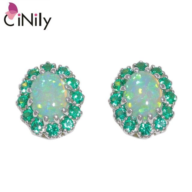 CiNily Created Green White Fire Opal Silver Plated Wholesale Oval-Shape for Women Jewelry Gift Stud Earrings 12mm OH4486-87