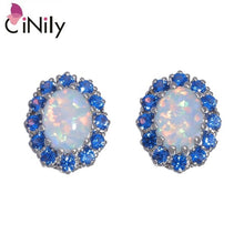 Load image into Gallery viewer, CiNily Created Green White Fire Opal Silver Plated Wholesale Oval-Shape for Women Jewelry Gift Stud Earrings 12mm OH4486-87