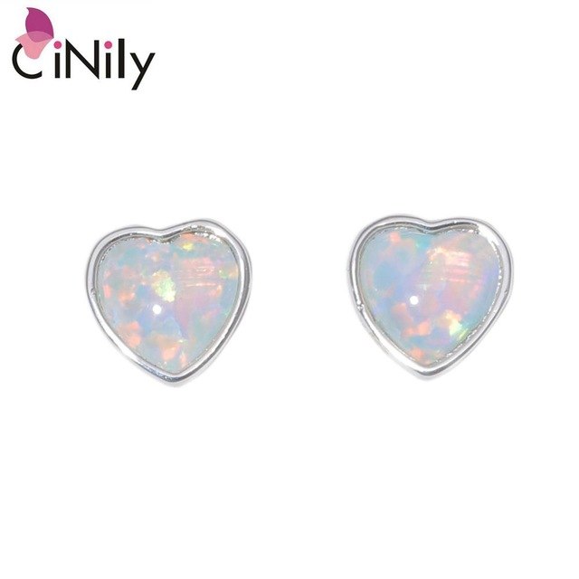 CiNily Created White Pink Fire Opal 6x5mm Silver Plated Wholesale Heart for Women Wedding Engagement Stud Earrings 7mm OH4527-28