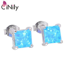 Load image into Gallery viewer, CiNily Created Blue White Fire Opal 6x6mm Authentic .925 Sterling Silver Wholesale HOT for Women Jewelry Stud Earrings SE018-19