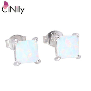CiNily Created Blue White Fire Opal 6x6mm Authentic .925 Sterling Silver Wholesale HOT for Women Jewelry Stud Earrings SE018-19