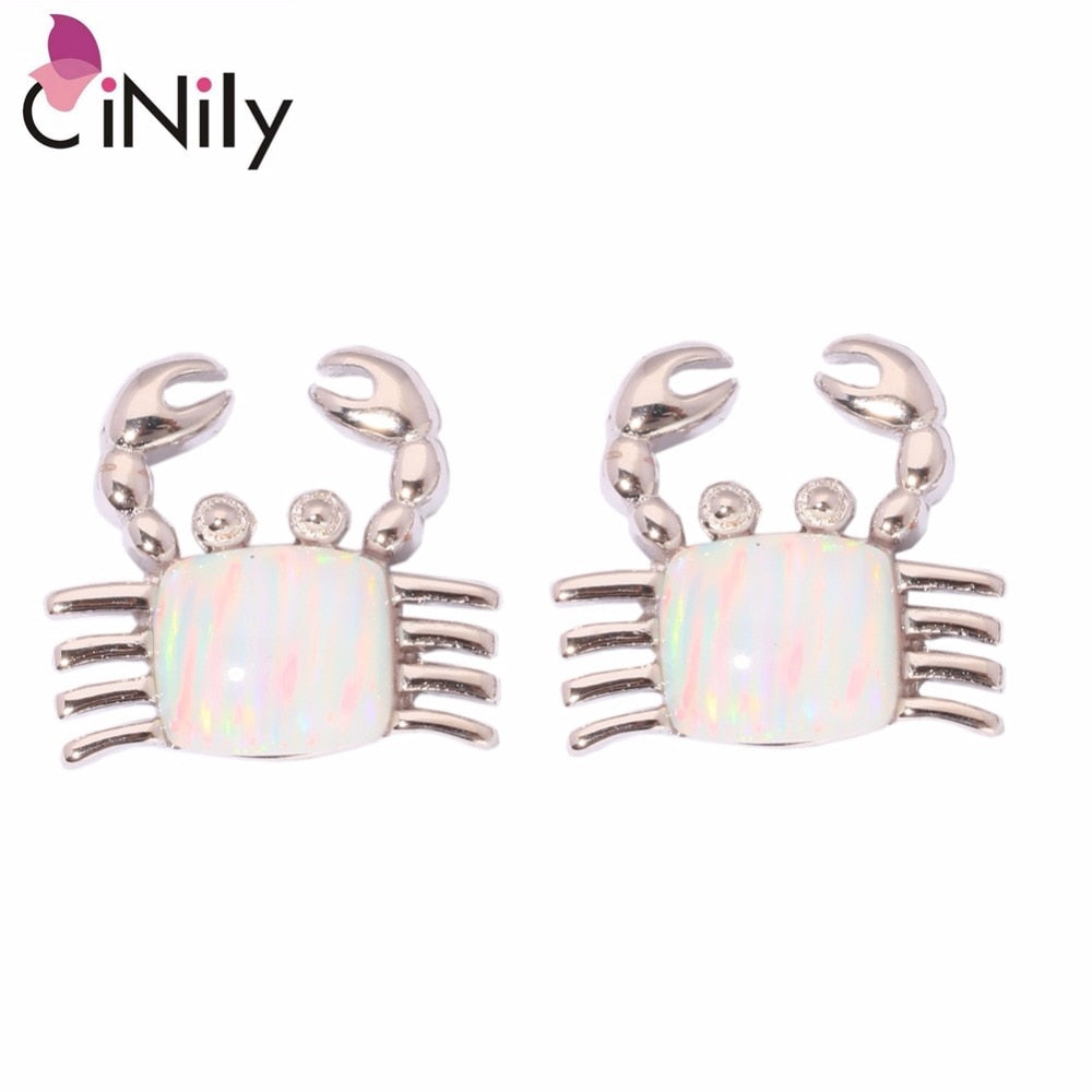 CiNily Created White Pink Blue Fire Opal Silver Plated Wholesale Crab for Women Jewelry Stud Earrings 10mm OH2551-OH2553