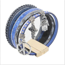 Load image into Gallery viewer, punk bohemia jewelry blue brown leather hamsa cross key peace charms magnet big buckle clasp wrap bracelets &amp; bangles for women