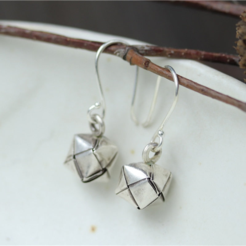 real 925 sterling silver vintage old square woven drop earrings female S925 pure silver ear hang dangle retro earrings