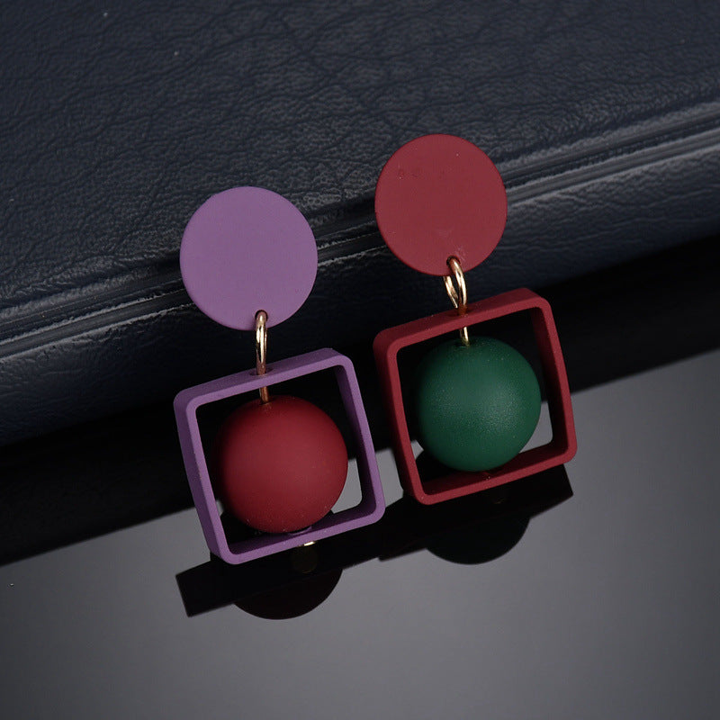 sexy fashion green red purple hit color simple design round square geometric pendant charm Stud Earring Women