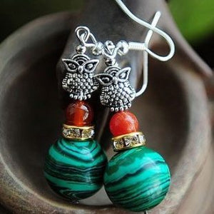 shop Fashion Bohemian Vintage Ethnic Tibetan silver Owl Natural Malachite Beads Dangle Earrings For Women Gift Jewelry Wholesale