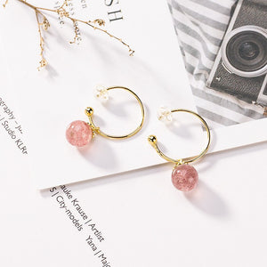 silver S925 pure silver gilded natural strawberry crystal eardrop simple personality, fresh lady Earrings accessories