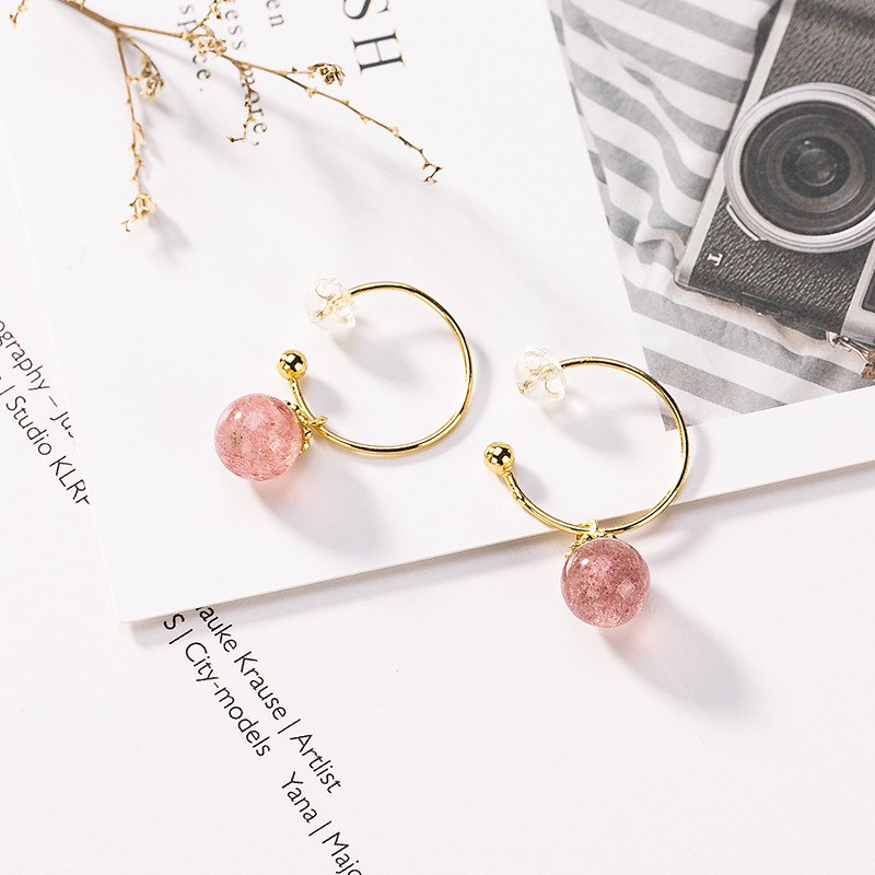 silver S925 pure silver gilded natural strawberry crystal eardrop simple personality, fresh lady Earrings accessories