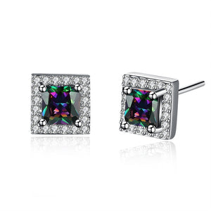 silver color 8mm square stone rainbow stud earring for women wholesale factory price fashion jewelry engagement wedding earrings