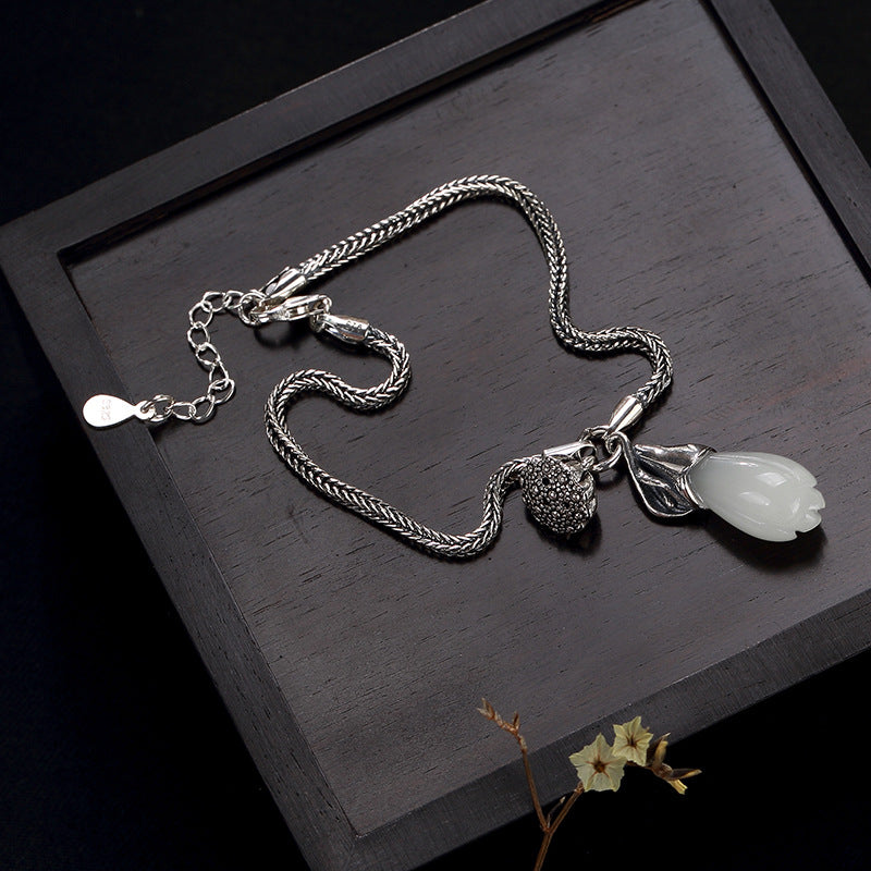 silver restoring ancient ways natural hetian jade magnolia lotus wholesale high-grade joker female Thai silver bracelet