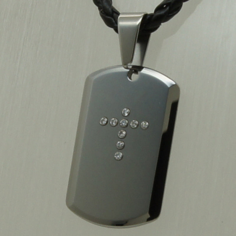 simple cz cross leather/steel chain scratch proof tungsten pendant necklace