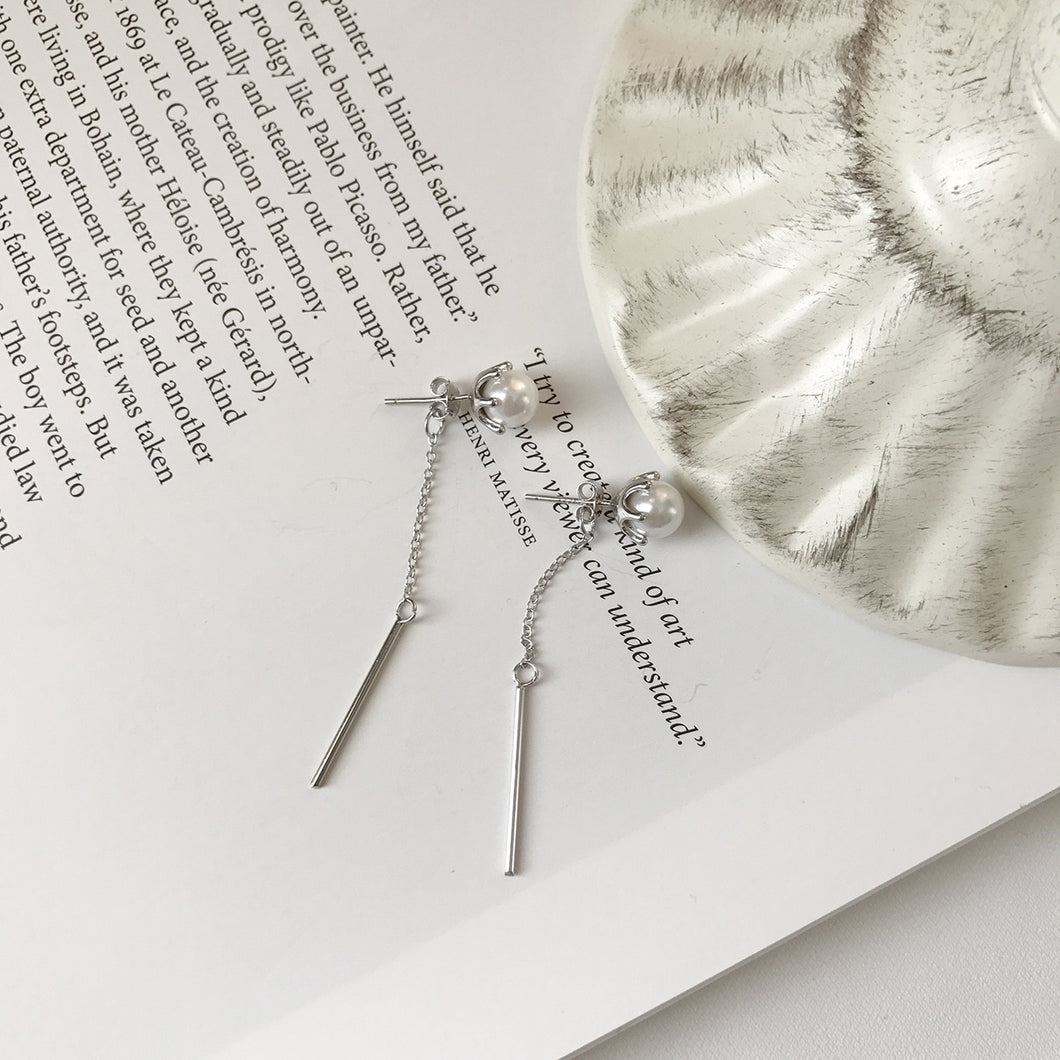 sterling silver pearl slender tassel earrings Korea temperament joker contracted eardrop female long earrings ears line