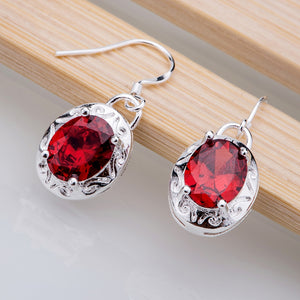 stone red rounded silver plated earrings 925 jewelry for women silver earrings WODOQOAF