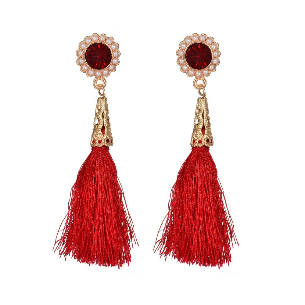 street Fashion red crystal vintage style red tassel Ethnic temperament Stud Earring Women