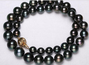 stunning 10-13mm tahitian round black green pearl necklace 18inch 14k